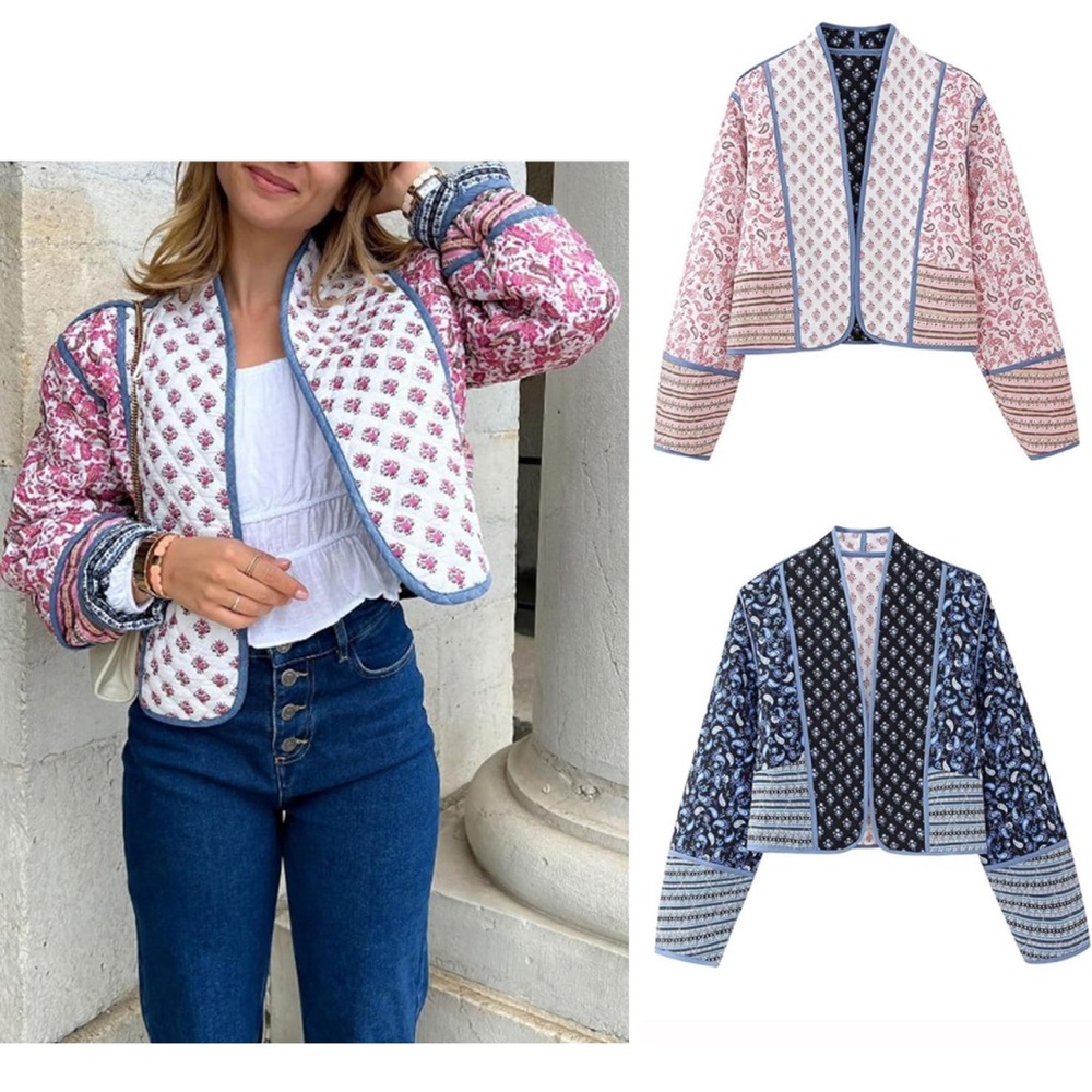 Cropped Puffer Jacket Stand Collar Floral Printed Open Front Quilted Lightweight - Picture 8 of 15